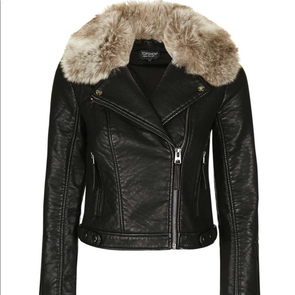Topshop Jackets & Blazers - TOPSHOP Honey Faux Fur Collar Faux Leather Jacket